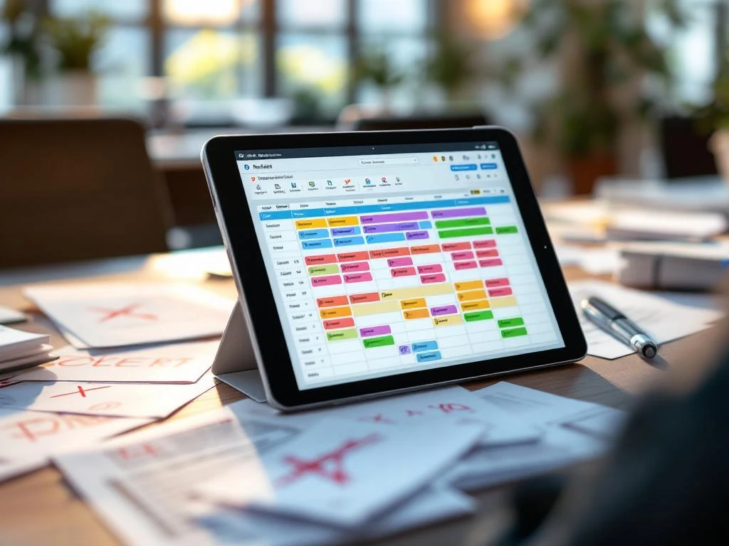 Tablet met digitale personeelsplanning-app op bureau, omringd door doorgestreepte papieren roosters