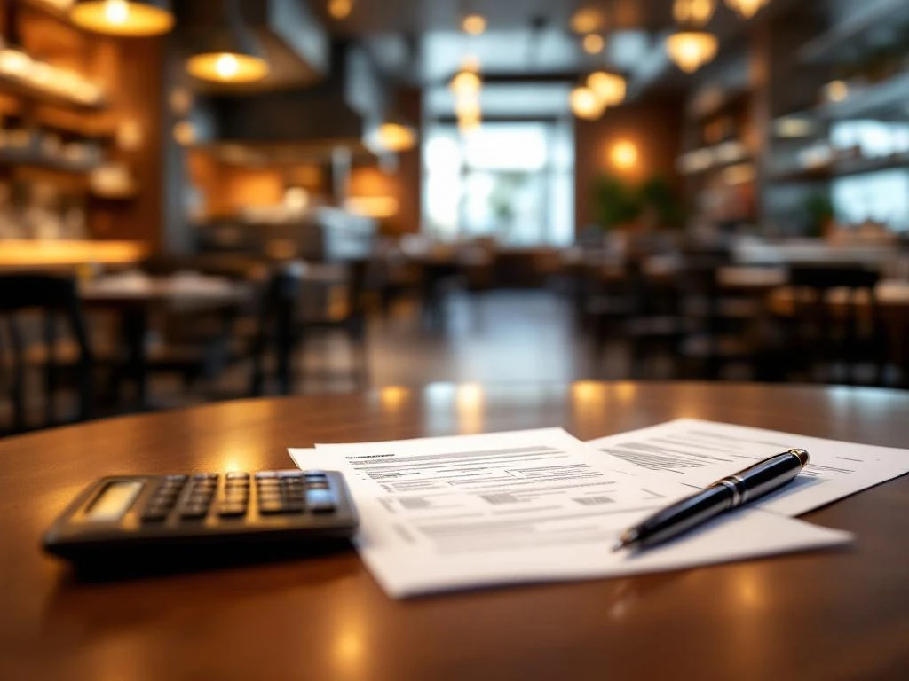 Juridische documenten en calculator op tafel in modern restaurant met houten tafels en keukenapparatuur op achtergrond