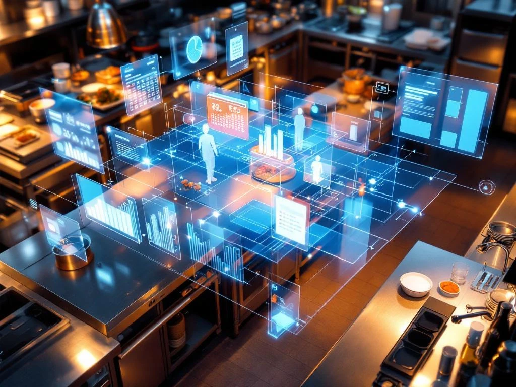 Moderne restaurantkeuken van bovenaf met digitale planningsinterfaces en holografische roosters boven roestvrijstalen werkbladen