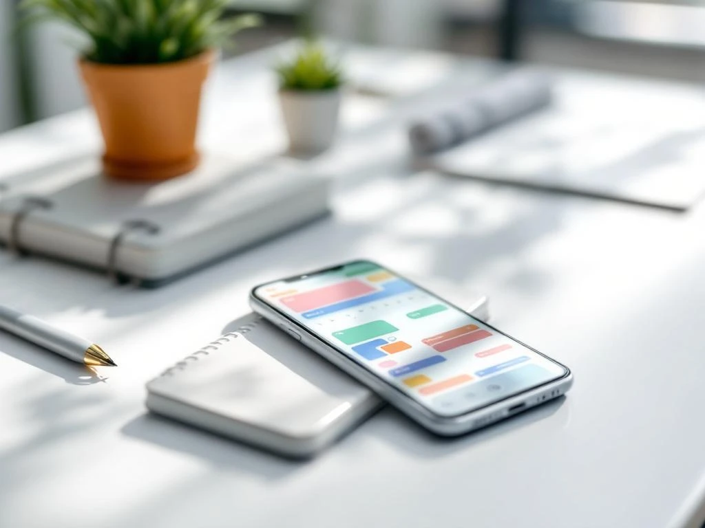 Smartphone met kleurrijke planning-app op wit bureau naast notitieboek, pen en plantje in natuurlijk licht