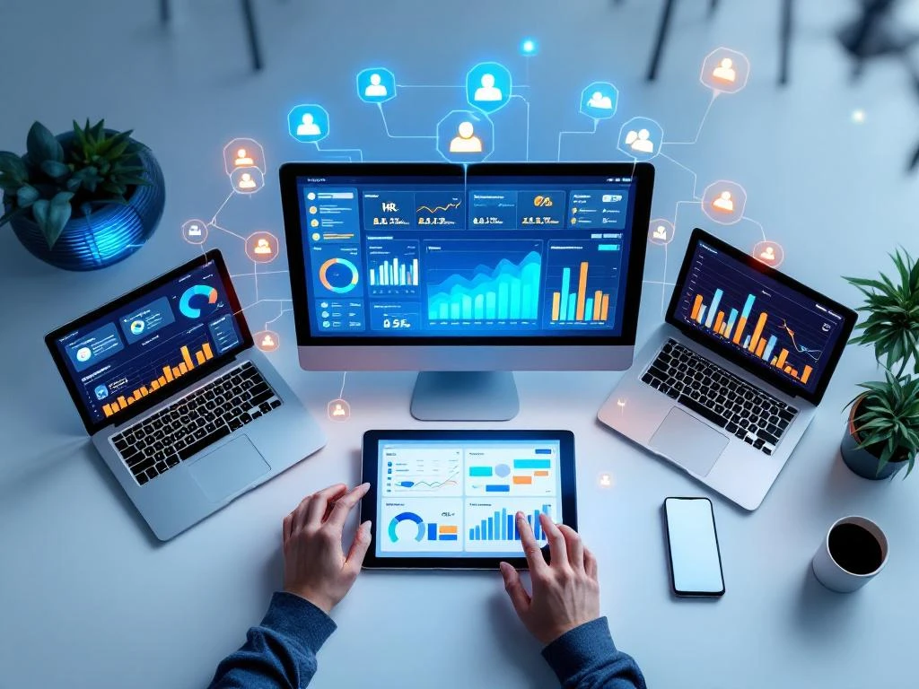 Moderne kantoorwerkplek met tablet, laptop en smartphones die HR-dashboards en personeelsanalytics tonen vanuit vogelperspectief