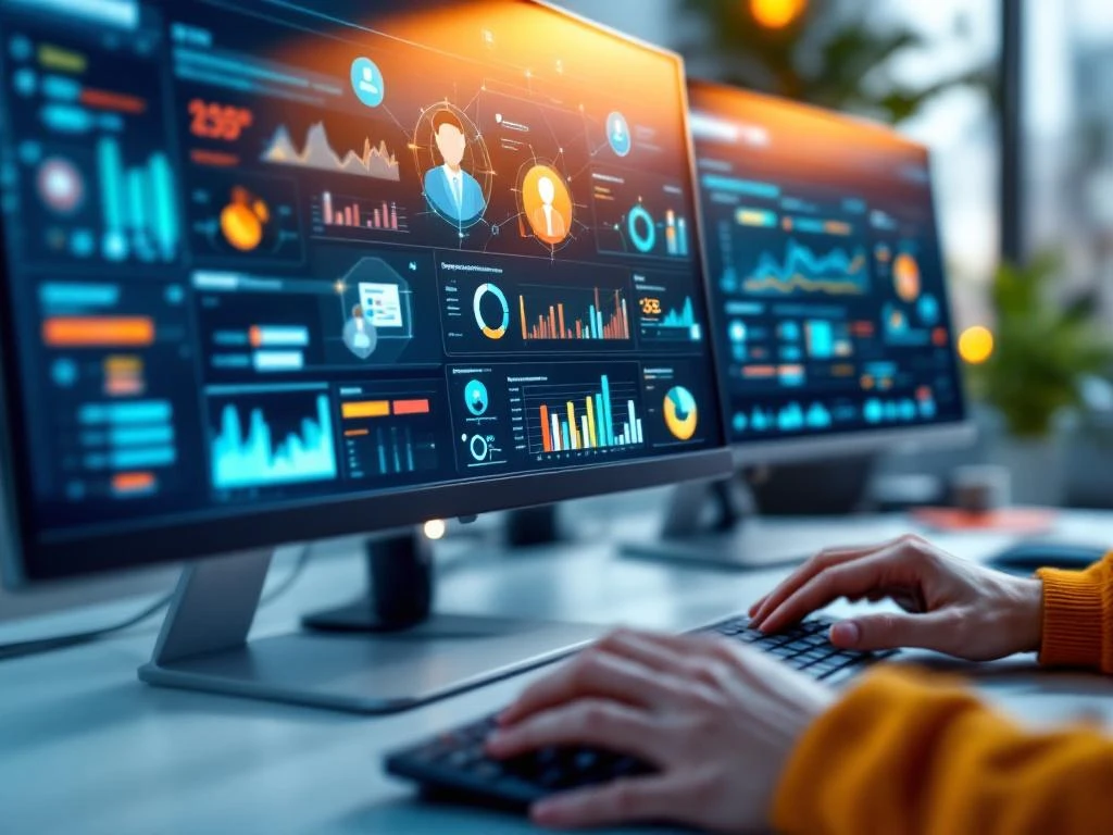 Handen typen op toetsenbord voor HR dashboard software met kleurrijke grafieken en digitale verbindingssymbolen