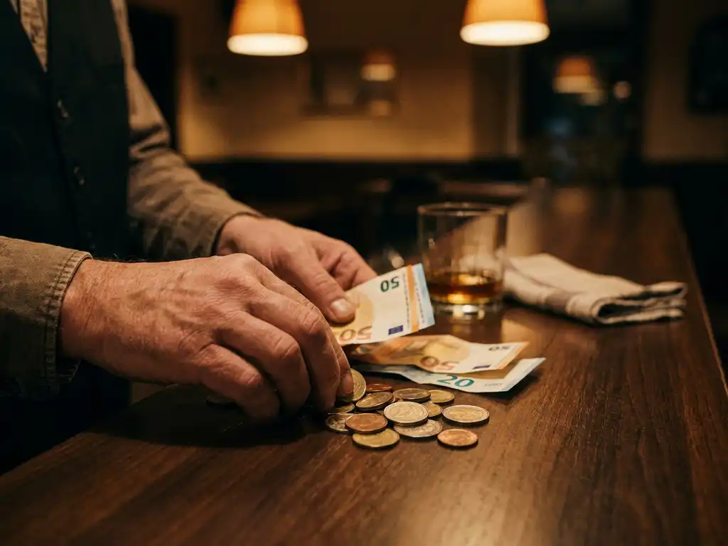 Barman telt euromuntjes en bankbiljetten op een donker houten bartoonbank, met een halfvol glas op de achtergrond.
