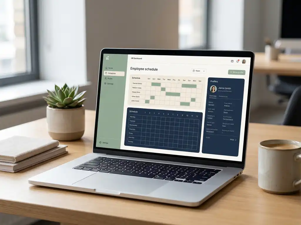 Laptop met HR-dashboard voor personeelsplanning op modern Nederlands bureau met succulent, koffie en papieren in zacht natuurlijk licht.