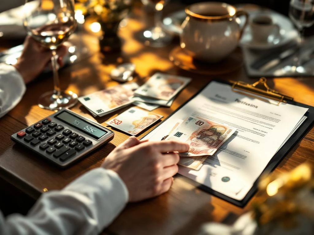 Restaurant manager bureau van bovenaf met calculator, eurobiljetten en horeca documenten op houten tafel