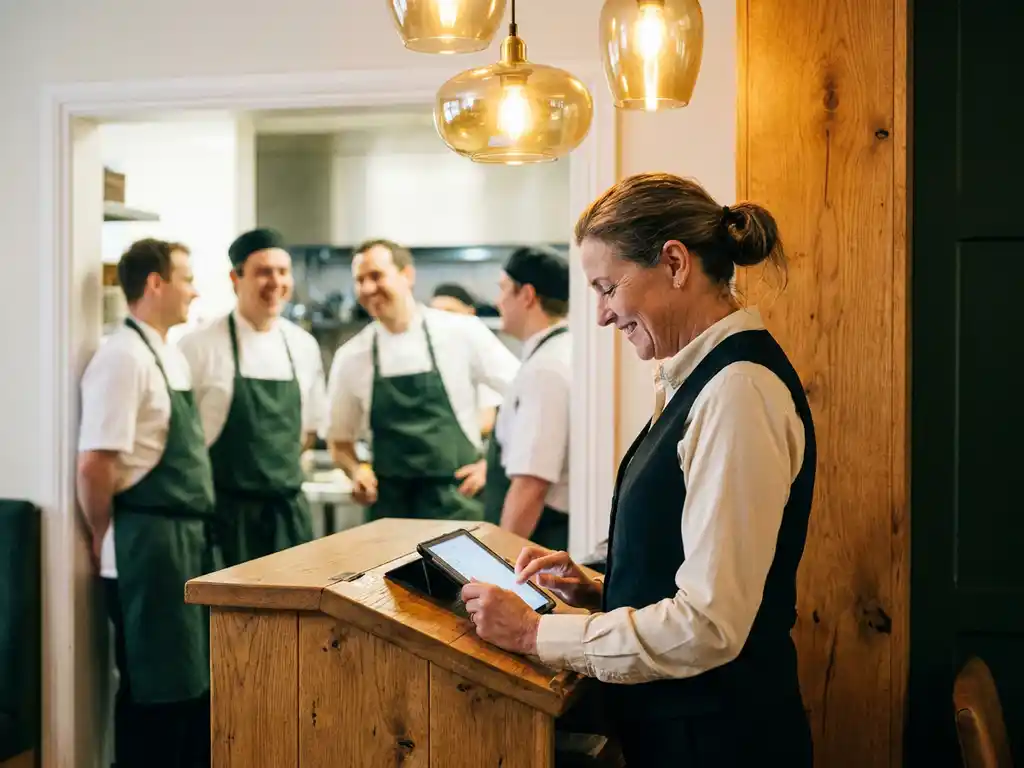 Restaurantmanager bekijkt lachend een tablet bij een houten gastenstandaard, met vrolijk keukenpersoneel op de achtergrond.