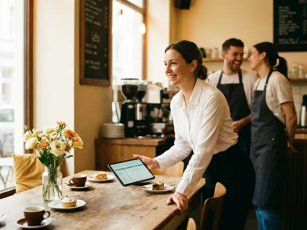 Restaurantmanager in wit overhemd bekijkt personeelsrooster op tablet aan houten cafétafel, collega's op de achtergrond.