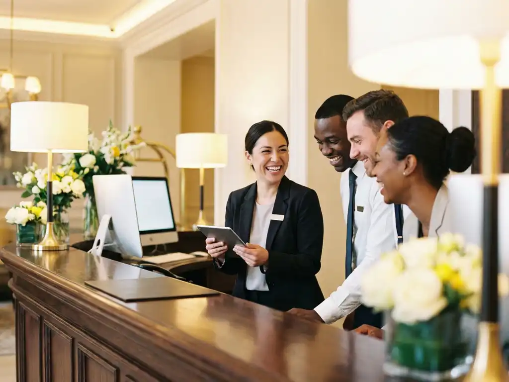 Vrolijk hotelreceptieteam dat lacht achter een verzorgde balie, medewerker met tablet, warme sfeerverlichting en verse bloemen op de achtergrond.