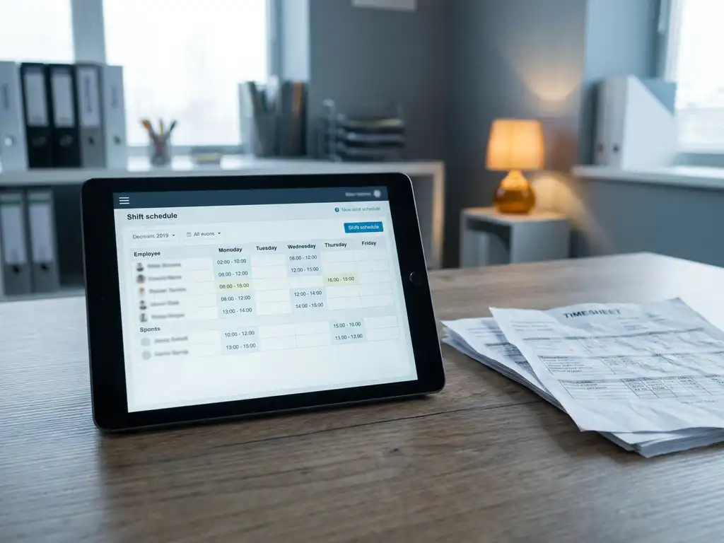 Tablet met digitaal dienstroster op een back-office bureau, naast een stapel gedrukte urenstaten, met hotelreceptie op de achtergrond.