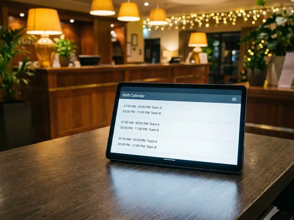 Tablet met digitaal dienstroosters op donker bureau, warme hotelreceptie zichtbaar op de achtergrond.