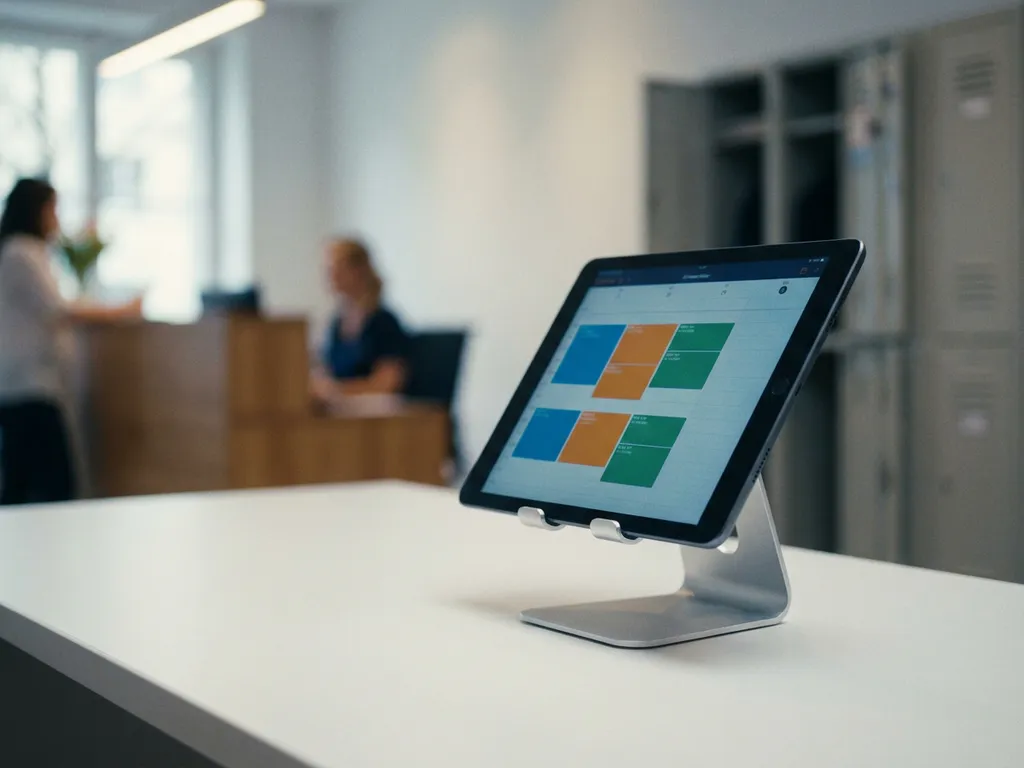 Tablet met kleurgecodeerd digitaal dienstrooster op bureau, met hotelreceptie en personeelslockers op de achtergrond.