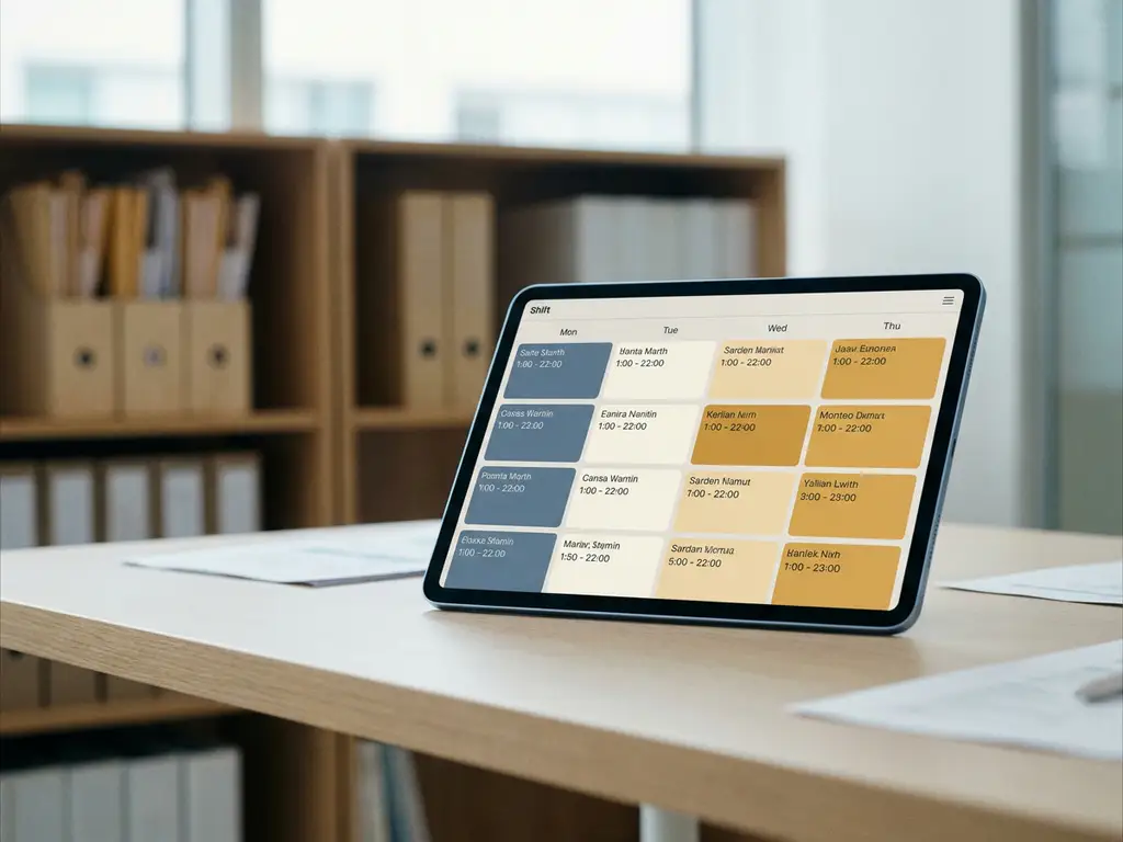 Tablet met kleurgecodeerd digitaal dienstrooster op bureau in hotelkantoor, zachte achtergrond met mappen en schappen.