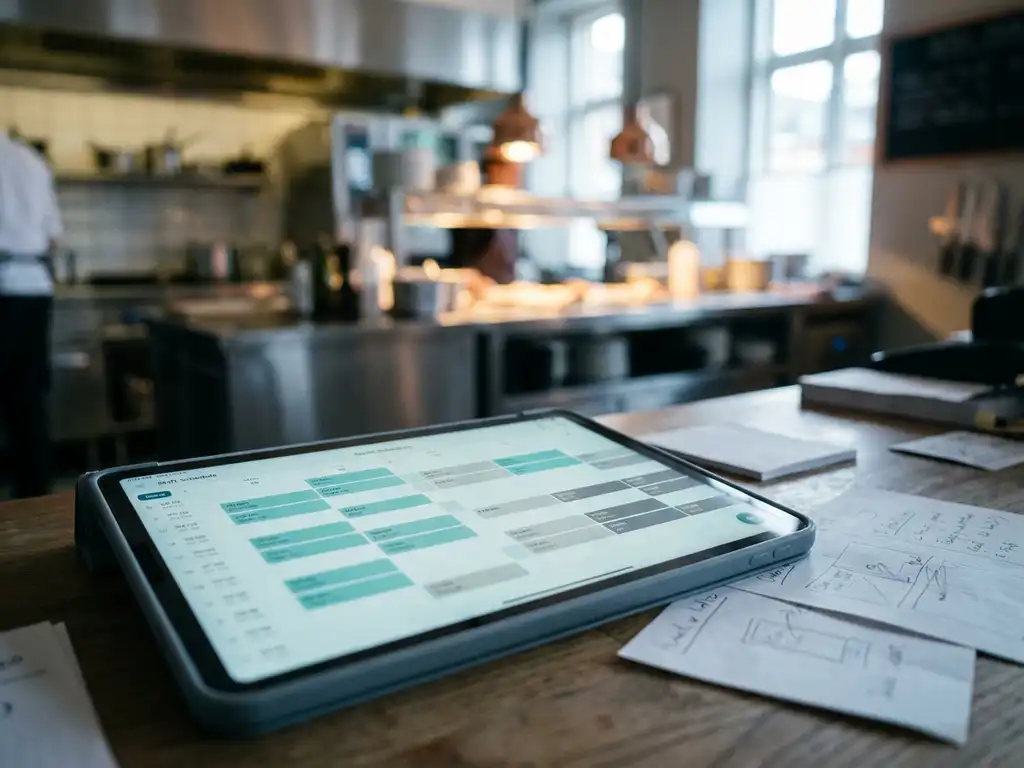 Tablet met kleurgecodeerd digitaal rooster op kantoorbureau, met vage hotelreceptie op de achtergrond en papieren notities ernaast.