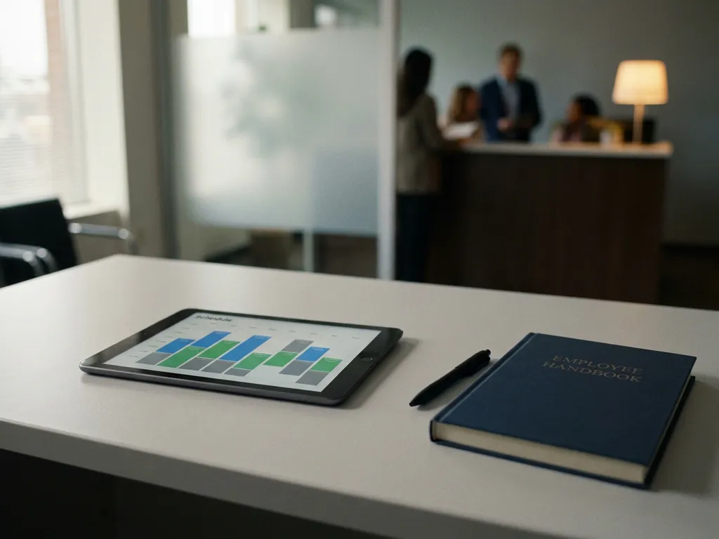 Tablet met kleurgecodeerd digitaal dienstroooster op bureautafel, met wazig hotelreceptie op de achtergrond en een gesloten personeelshandboek ernaast.