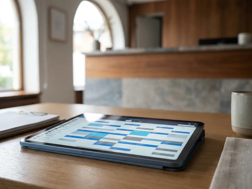 Tablet met kleurgecodeerd digitaal dienstrooster op bureau, hotelreceptie zichtbaar op de achtergrond.