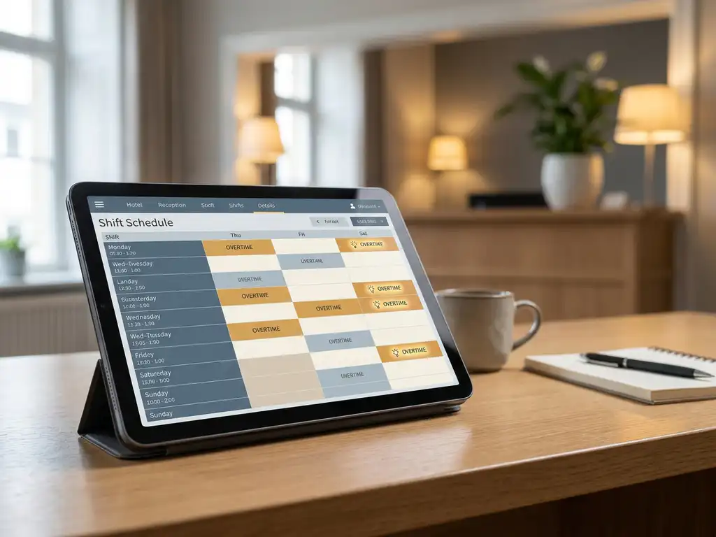 Tablet met kleurgecodeerd digitaal dienstroooster op kantoor, hotelreceptie zichtbaar op achtergrond.