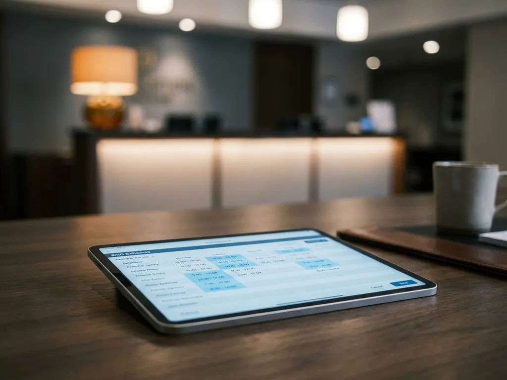 Tablet met digitaal dienstroooster op donker bureau, hotelreceptie zichtbaar op de achtergrond, professionele sfeer.