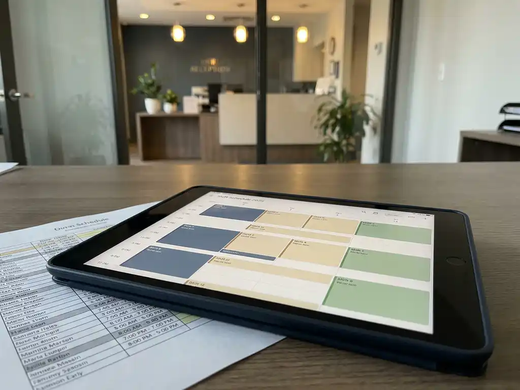 Tablet met digitaal kleurgecodeerd dienstroster op bureautafel, gedrukt rooster eronder, hotelreceptie zichtbaar op achtergrond.