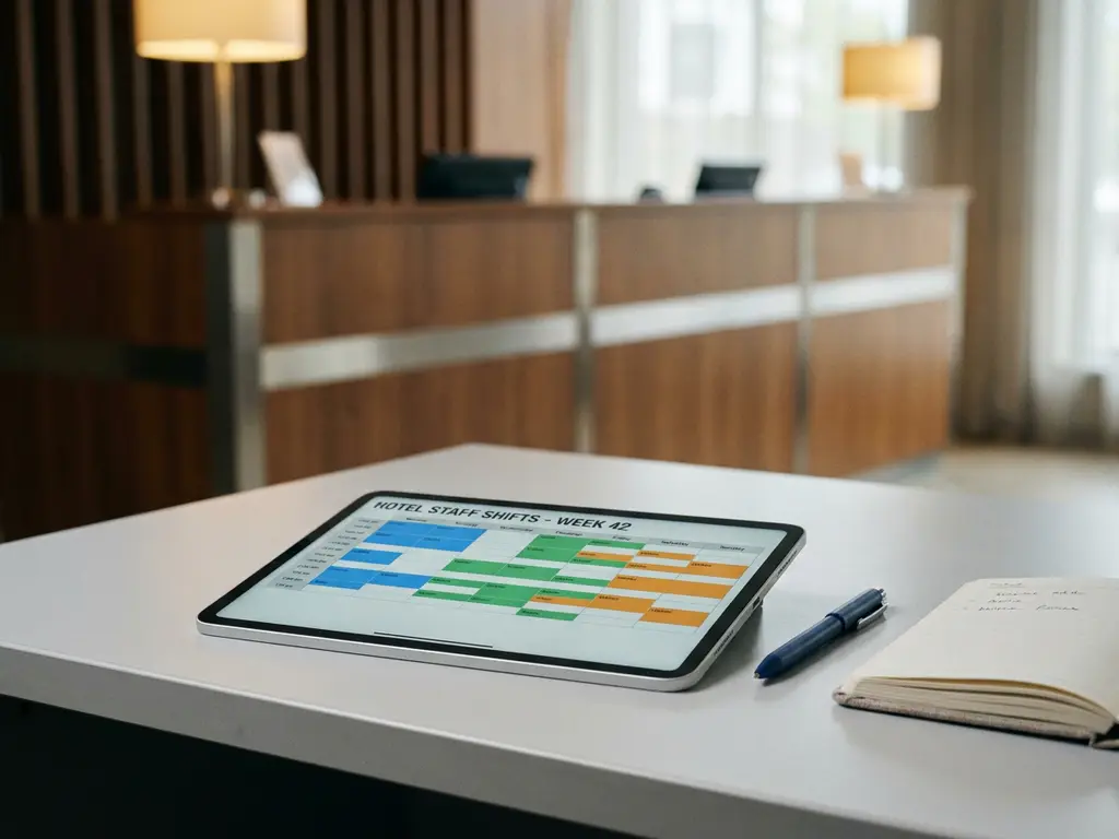 Tablet met kleurgecodeerd digitaal dienstroooster op bureautje in hotelbackoffice, pen en notitieboekje ernaast.