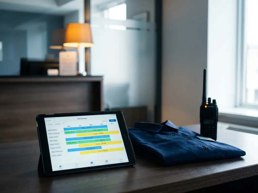 Tablet met kleurgecodeerd digitaal dienstroooster op hotelkantoor bureau, met gevouwen personeelsuniform en portofoon op de voorgrond.