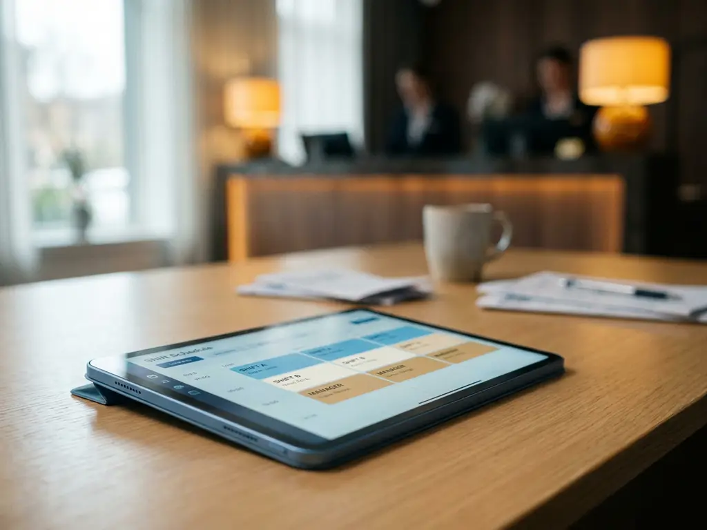 Tablet met kleurgecodeerd digitaal rooster op bureautafel, hotelreceptie zichtbaar op de achtergrond.