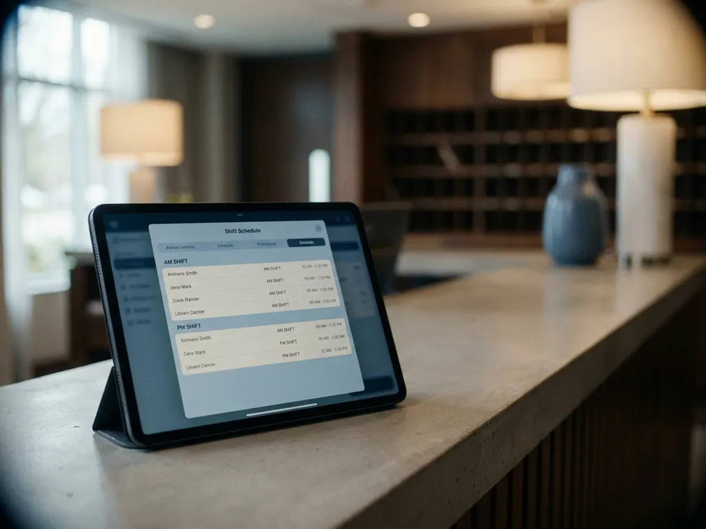 Tablet met digitaal dienstroosters op een nette backoffice-toonbank, onscherpe hotel- of restaurantomgeving op de achtergrond.