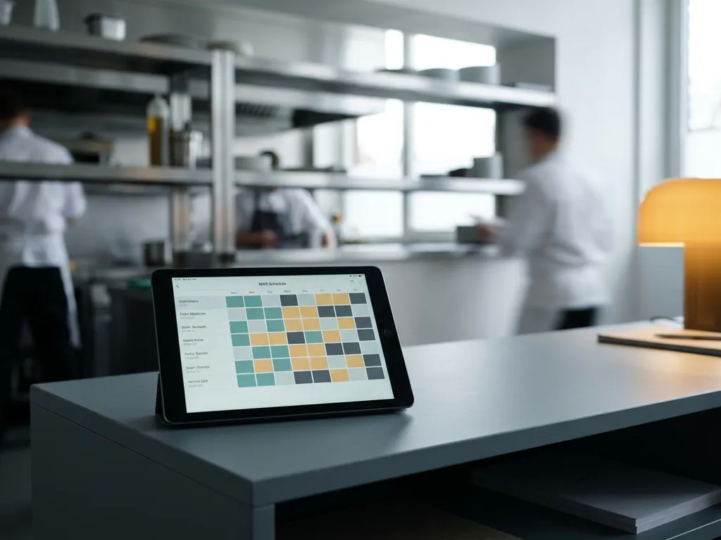 Tablet met kleurgecodeerd digitaal dienstroooster op een restaurantkantoor, met keukenomgeving op de achtergrond.