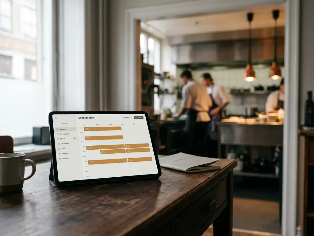Tablet met digitaal dienstroosters op een donker houten bureau, onscherpe restaurantkeuken op de achtergrond.