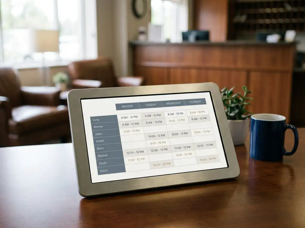 Tablet met digitaal dienstroooster op kantoorvbureau, onscherpe hotelreceptie op de achtergrond, natuurlijk licht.