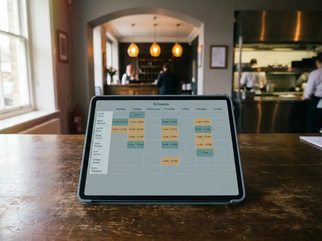 Tablet met digitaal dienstroooster op donker houten bureau in een hotel- of restaurantbackoffice.
