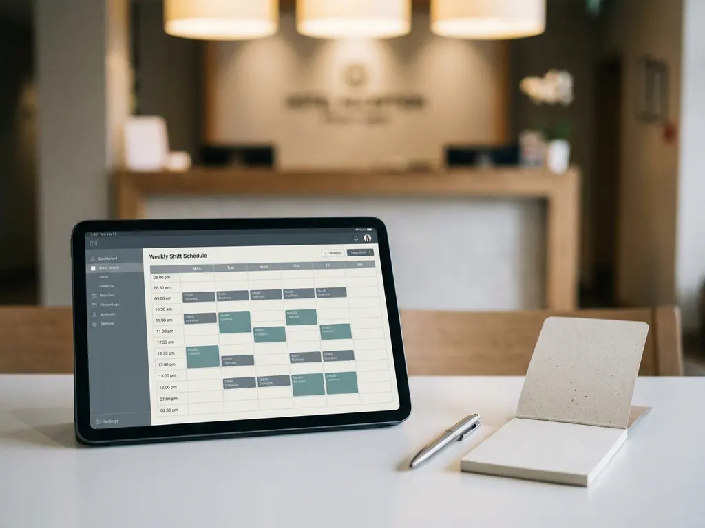 Tablet met digitaal dienstroosters op een opgeruimd kantoorbureau, met een wazig hotelreceptie op de achtergrond.