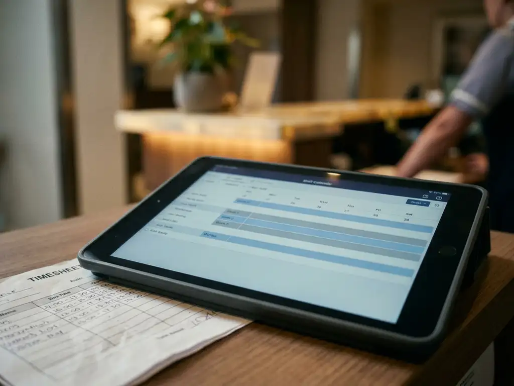Tablet met digitaal dienstroooster op bureautje, vervaagde hotelreceptie op achtergrond, papieren urenstaat half zichtbaar eronder.