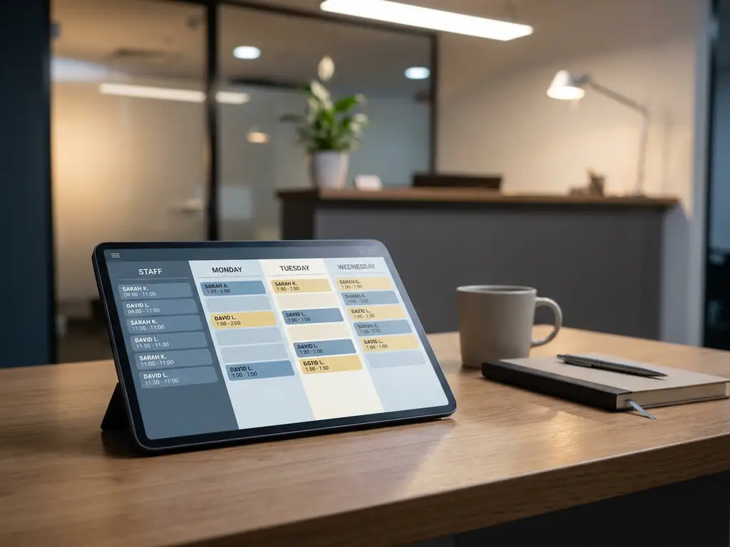 Tablet met kleurgecodeerd digitaal rooster op bureaublad, met wazig hotelreceptie op de achtergrond.