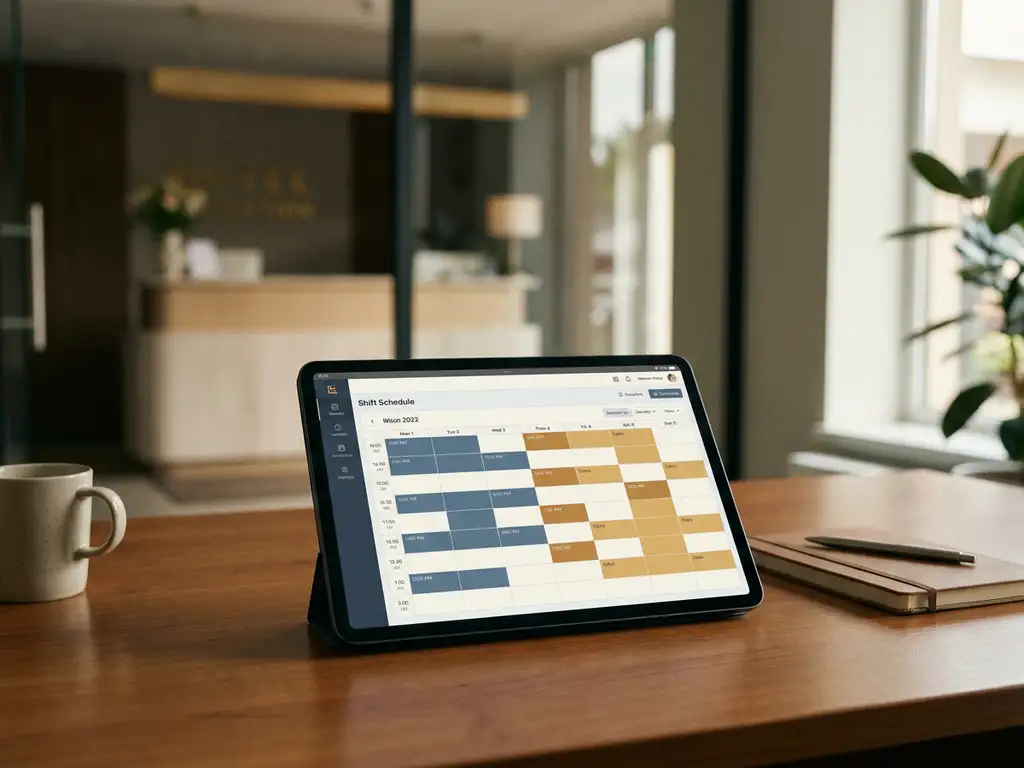 Tablet met kleurgecodeerd digitaal rooster op bureautafel, met vervaagde hotelreceptie op de achtergrond.