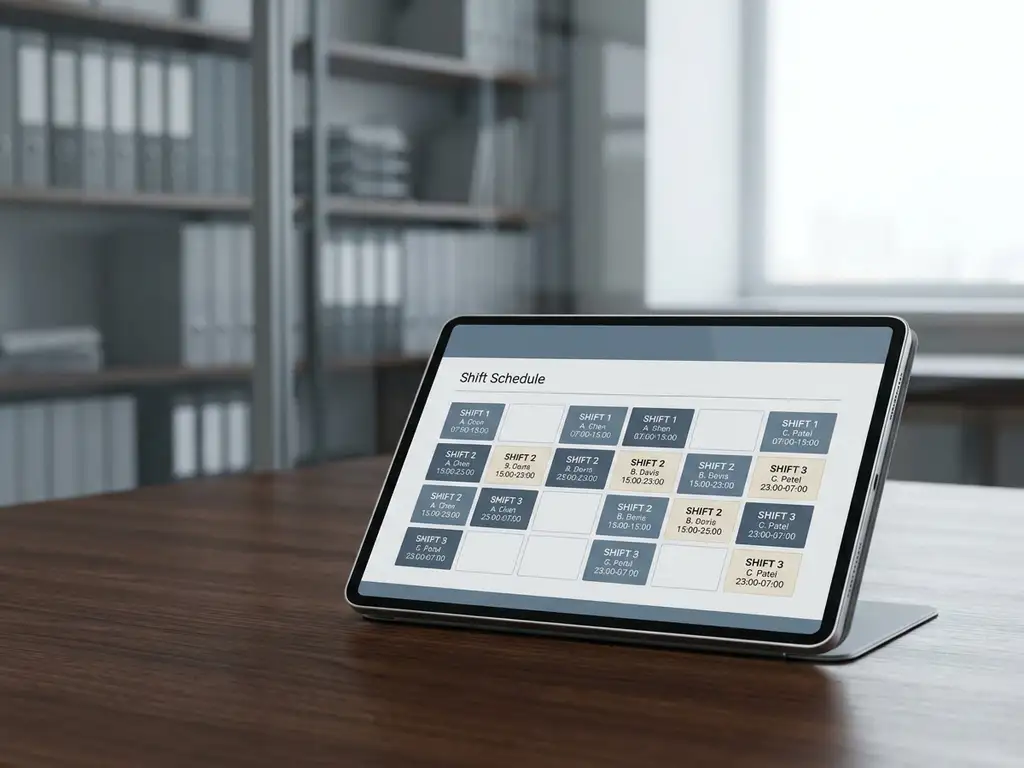 Tablet met digitaal dienstroooster op een hotelkantoorbureau, met onscherpe receptiemappen op de achtergrond.