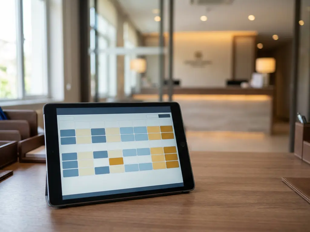 Tablet met kleurgecodeerd digitaal dienstroooster op bureautafel, met wazig hotelreceptie op de achtergrond.