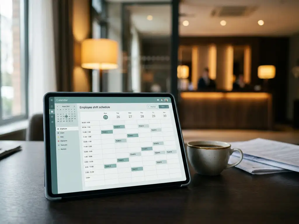 Tablet met digitaal dienstroosters op donker bureau, met wazig verlichte hotelreceptie op de achtergrond.